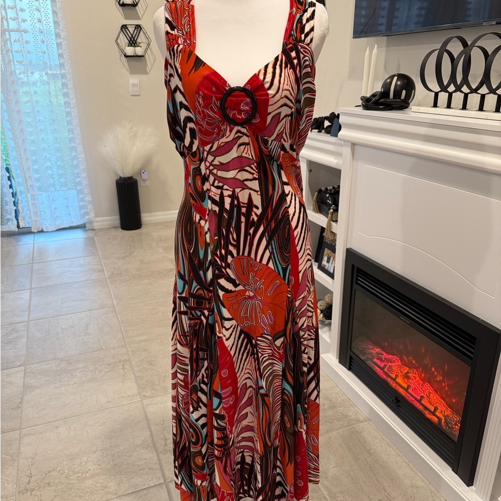 Tribal Women's Midi Dress in Red, Orange, Pink Print
